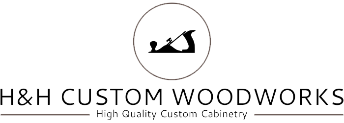 Logo for H&H Custom Woodworks featuring a silhouette of a hand plane inside a circle. Below, the text reads: H&H Custom Woodworks with the slogan High Quality Custom Cabinetry.