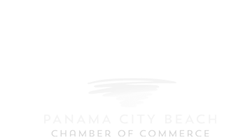 Logo for the Panama City Beach Chamber of Commerce featuring a stylized wave above the text.