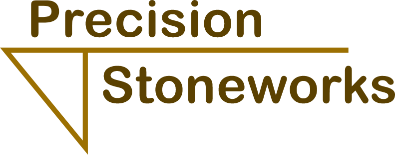 Logo reading Precision Stoneworks with a stylized P that extends horizontally over the word Stoneworks. The design is in a brownish-gold color on a transparent background.