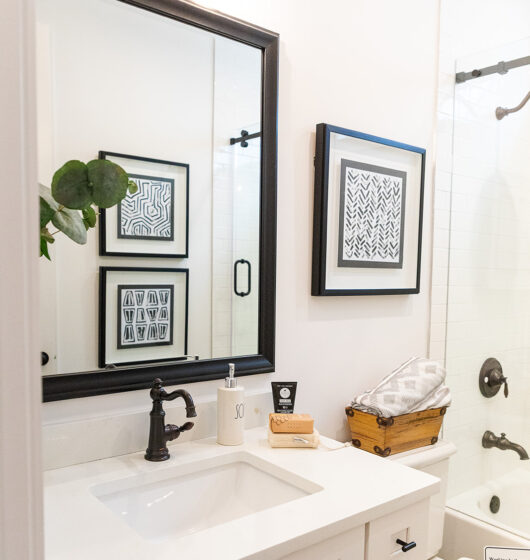 A modern bathroom with a white vanity and black-framed mirror above. The countertop holds a soap dispenser, bar soap, and a plant. Black-and-white artwork hangs on the wall. The bathtub has a glass door and is partially visible.