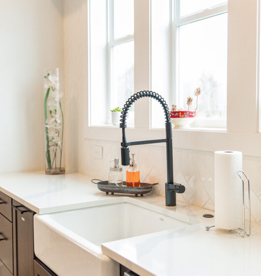 Modern kitchen with a white farmhouse sink, black spring-neck faucet, and soap dispensers. Bright natural light filters through two windows adorned with small plants and an orchid vase. Brown cabinets and a dishwasher complete the clean, minimalist look.