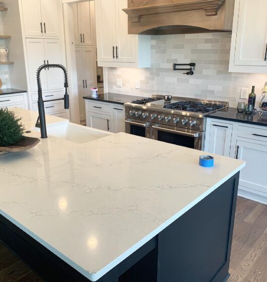 Modern kitchen with a large marble island featuring a black faucet and a decorative plant. Stainless steel appliances, including an oven and fridge, are arranged along white cabinetry. Light wood flooring complements the neutral palette.