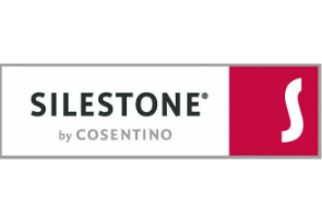 Logo of Silestone by Cosentino. The design features SILESTONE in bold letters above by COSENTINO in smaller font, alongside a red square with a stylized white letter S. The background is white with a gray border.