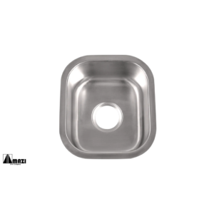 Stainless steel kitchen sink, rectangular with rounded corners and a central drain hole, viewed from above on a white background.