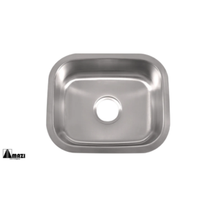 A top view of a shiny stainless steel kitchen sink with a centered drain hole. The sink is rectangular with slightly rounded corners and edges, set against a white background.