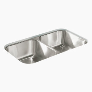 A shiny stainless steel double kitchen sink with rounded corners and a seamless edge, set against a plain white background.