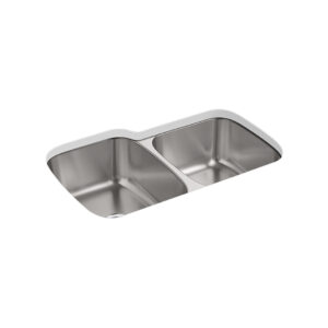 A double-basin stainless steel kitchen sink with rounded corners. The sink has a modern design and a smooth, reflective finish.