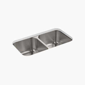 A sleek, rectangular double-basin stainless steel kitchen sink viewed from above. The basins are of equal size with smooth curved edges, set against a white background.