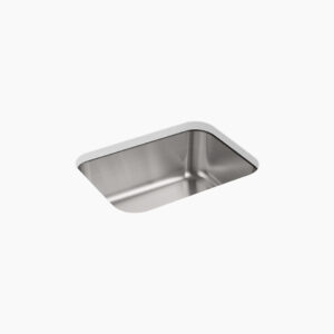 A stainless steel rectangular kitchen sink with rounded corners, viewed from a top angle. The sink has a smooth, shiny finish and is set against a plain white background.