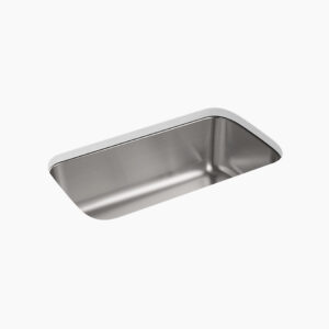 Rectangular stainless steel kitchen sink with rounded corners, shown in a white background. The sink has a smooth, brushed finish and features a modern, minimalist design.