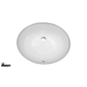 Oval-shaped white ceramic sink with a central drain hole, viewed from above on a plain background.