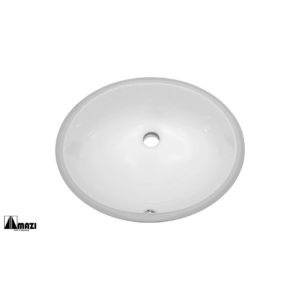 An overhead view of a white, oval-shaped bathroom sink with a drain hole in the center, isolated on a plain white background.