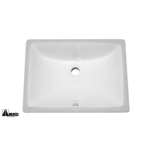 A white rectangular ceramic sink with rounded corners, featuring a central drain hole. The sink is photographed from above against a plain background.