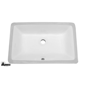 A white, rectangular ceramic sink with a central drain hole. It has smooth, slightly sloped sides and a glossy finish, viewed from above.