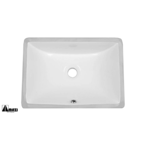 A rectangular white ceramic sink with a central drain hole and shiny metal trim around the edges, viewed from above. The surrounding area is white, providing a clean and minimalist appearance.