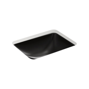 A modern, black square sink with smooth, curved edges on a white background. The sink is designed to be installed under a countertop with a recessed appearance.