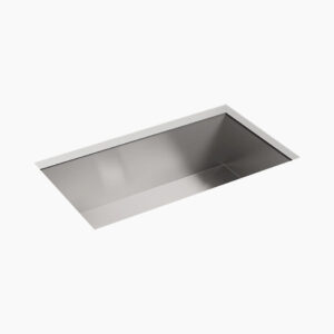 Rectangular stainless steel kitchen sink with a sleek, modern design. The sink is set against a plain, light background, highlighting its smooth metallic surface and clean corners.