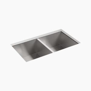 Stainless steel double kitchen sink with a modern, minimalist design, featuring two equally sized basins set against a plain white background.