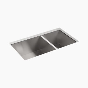 Stainless steel double basin kitchen sink with a sleek and modern design, featuring a central divider and angular edges, set beneath a white countertop.