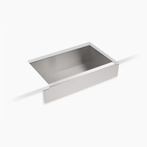 A stainless steel undermount kitchen sink set in a white countertop. The sink features clean lines and a rectangular shape, highlighting its modern design. The image shows the sink from a top angle.