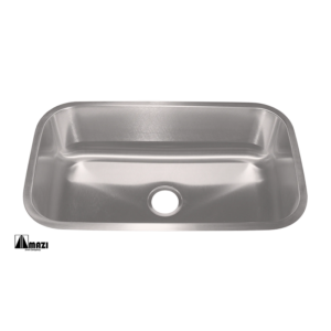 A rectangular stainless steel kitchen sink with a smooth surface and a central drain hole. The sink has gently curved corners and a simple, modern design, suitable for under-mount installation.