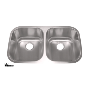 Double stainless steel kitchen sink with rounded edges and circular drain openings, viewed from above.