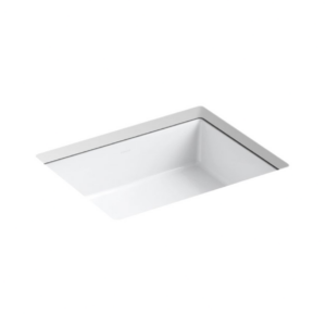 A modern, white square or rectangular sink viewed from above, set against a plain white background. The sink has clean, sharp edges and a smooth surface, typical of contemporary bathroom fixtures.