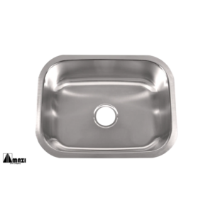 A top-down view of a stainless steel kitchen sink with a central drain hole. The sink has a rectangular shape with rounded corners and a smooth, shiny finish.