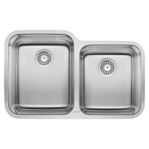 A stainless steel kitchen sink with two basins. The left basin is larger than the right, and both have silver drain covers. The sink has a sleek, modern design.