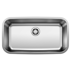 Stainless steel kitchen sink, rectangular with rounded corners, viewed from above. It has a central drain with a strainer. The surface is smooth and reflective, showing subtle lighting reflections.