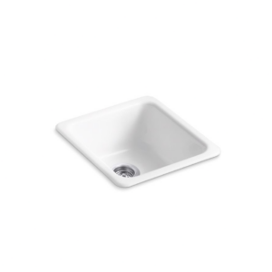 A white, square kitchen sink with rounded edges is set against a plain white background. The sink features a metal drainage hole in one corner.