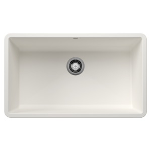 A rectangular white sink with smooth, clean lines and a central circular drain. The drain has a metallic finish, contrasting with the pristine surface of the sink. The sink interior is deep and spacious.