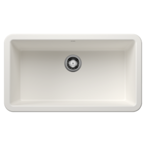 A rectangular, white kitchen sink with smooth, rounded edges and a centrally placed chrome drain. The interior is sleek and unadorned, emphasizing a modern, minimalist design.