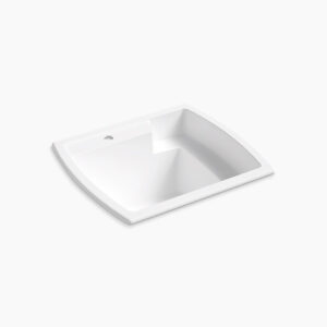 Square white bathroom sink with a single faucet hole, set against a plain white background. The sink has gently curved edges and a smooth, glossy finish.