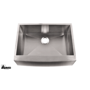 Stainless steel rectangular farmhouse sink with an integrated drain hole, featuring a sleek and modern design. The sinks surface has a smooth, reflective finish, highlighting its minimalist aesthetic.