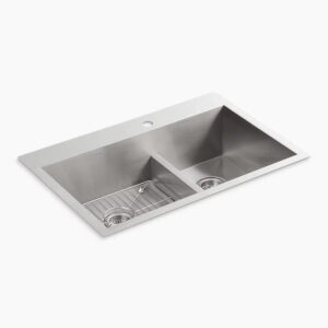 Stainless steel double-basin kitchen sink with a flat rim. One basin has a removable metal grid at the bottom. The sink has a center hole on the back rim for a faucet installation.