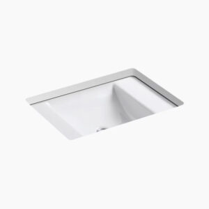 A white rectangular undermount bathroom sink with a smooth, glossy finish and a centered drain hole, set against a plain white background.