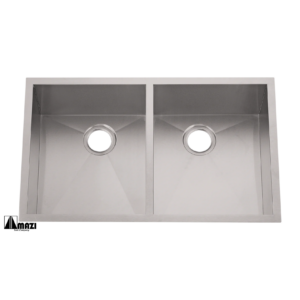 A stainless steel double-basin kitchen sink, featuring two square compartments and central drains. The sink has a sleek, modern design with sharp edges and a polished finish.