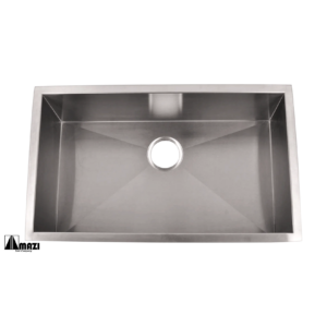 A top-down view of a rectangular stainless steel kitchen sink. The sink has a centered circular drain hole and smooth surfaces with sharp, angled edges.