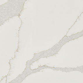 A close-up view of a white marble surface with light gray and beige veining, creating an elegant and natural pattern.