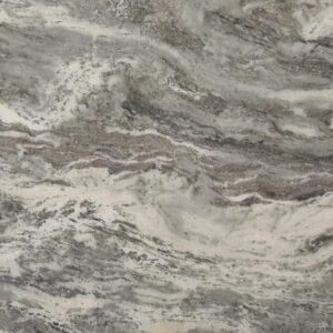 Grey and white marble surface with swirling patterns, creating a natural, wave-like texture. The mix of shades and veining adds depth and a sense of movement to the stone.