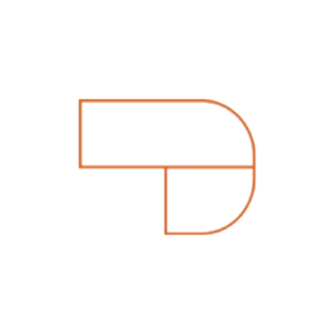 A minimalist geometric design featuring an orange outline. The shape resembles a stylized letter D with a rectangular extension on the left side, set against a plain white background.