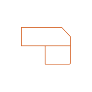 An abstract geometric shape composed of two connected rectangles with an orange outline on a white background. The upper rectangle has a small diagonal cut on the right-hand corner.