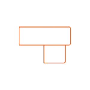 A simple geometric design featuring a thin orange outline of a rectangle placed horizontally above a smaller square, both connected, on a white background.