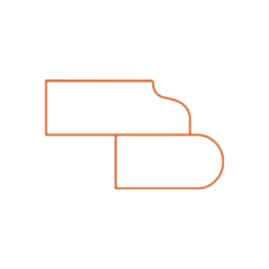 A minimalistic line drawing shows an abstract shape resembling two overlapping forms. The top form has straight and curved lines, while the bottom form is a rectangle with one rounded end. The outline is orange on a white background.