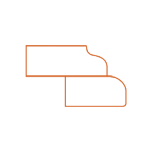 A minimalistic, abstract design featuring two overlapping 3D rectangular shapes. The top shape has a smooth, curved top edge, and both are outlined in orange against a white background.