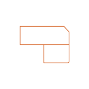 An angular orange line forms a shape resembling an L with a slanted top right corner, set against a plain white background.