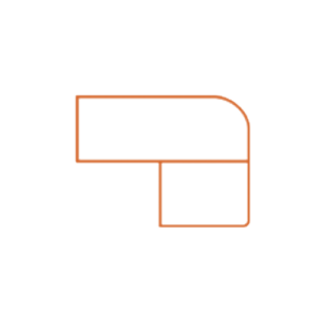 A geometric shape with a rounded top right corner, resembling an L laid sideways, outlined in orange against a white background.