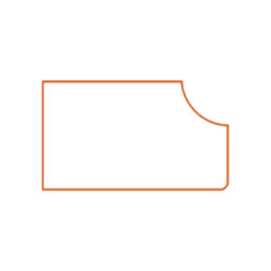 A geometric shape with three straight edges forming a corner and one concave curve, outlined in orange on a white background.