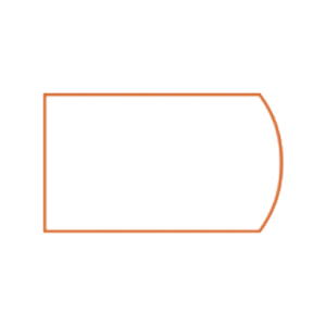 An orange outline of a rectangular shape with one short side replaced by a semicircle, resembling a combination of a rectangle and a half-circle, on a white background.